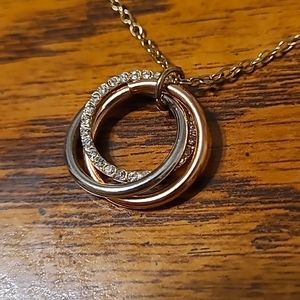 Mixed Metal Overlapping Rings Necklace with Jewels and Gold Chain - Trendy